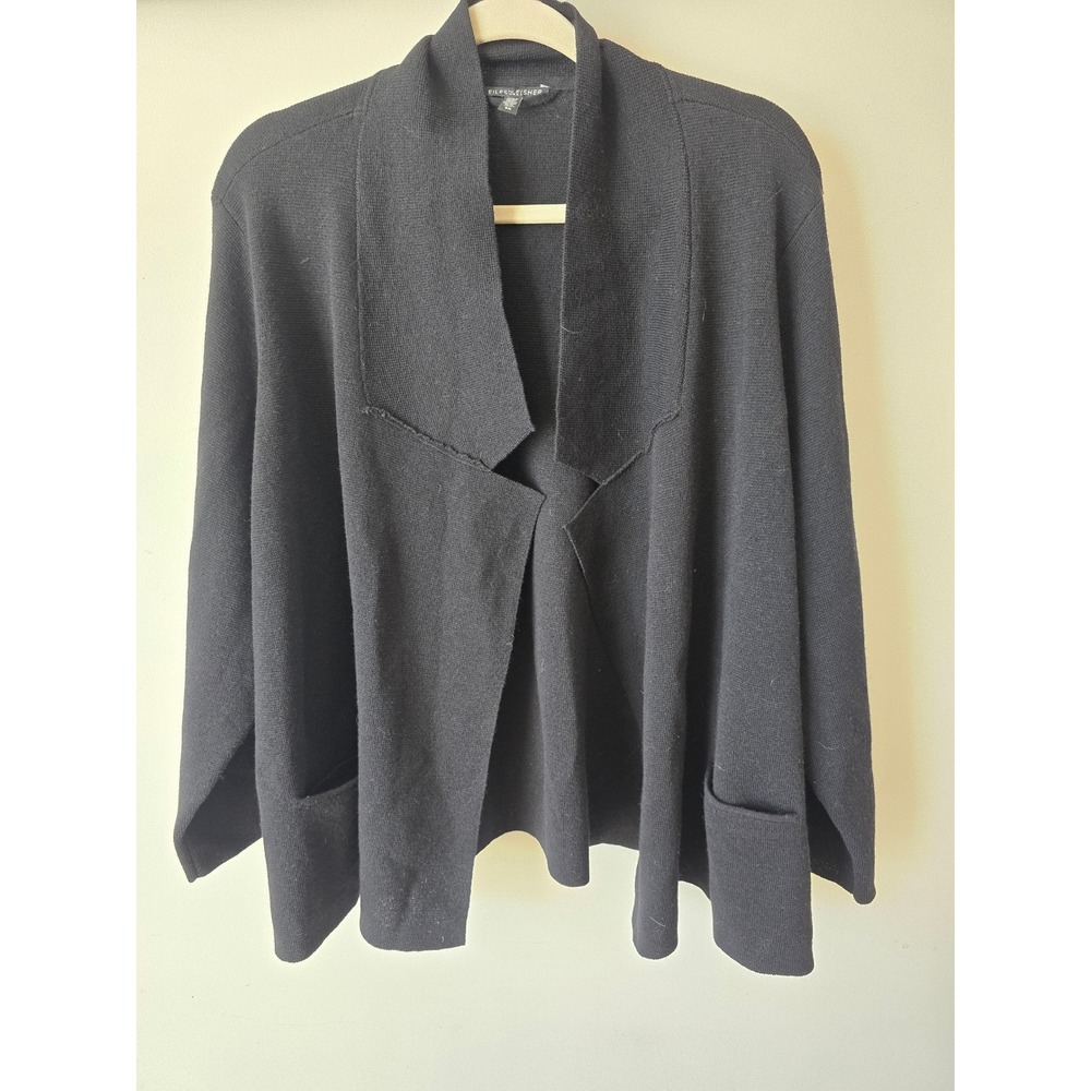 Eileen Fisher Woman Black 100% Italian Wool Open Front Cardigan Sweater 3X